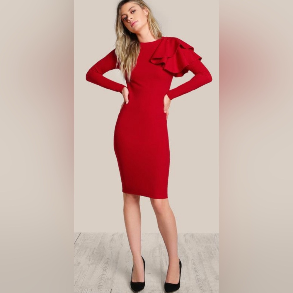 Red long sleeve shoulder ruffle dress